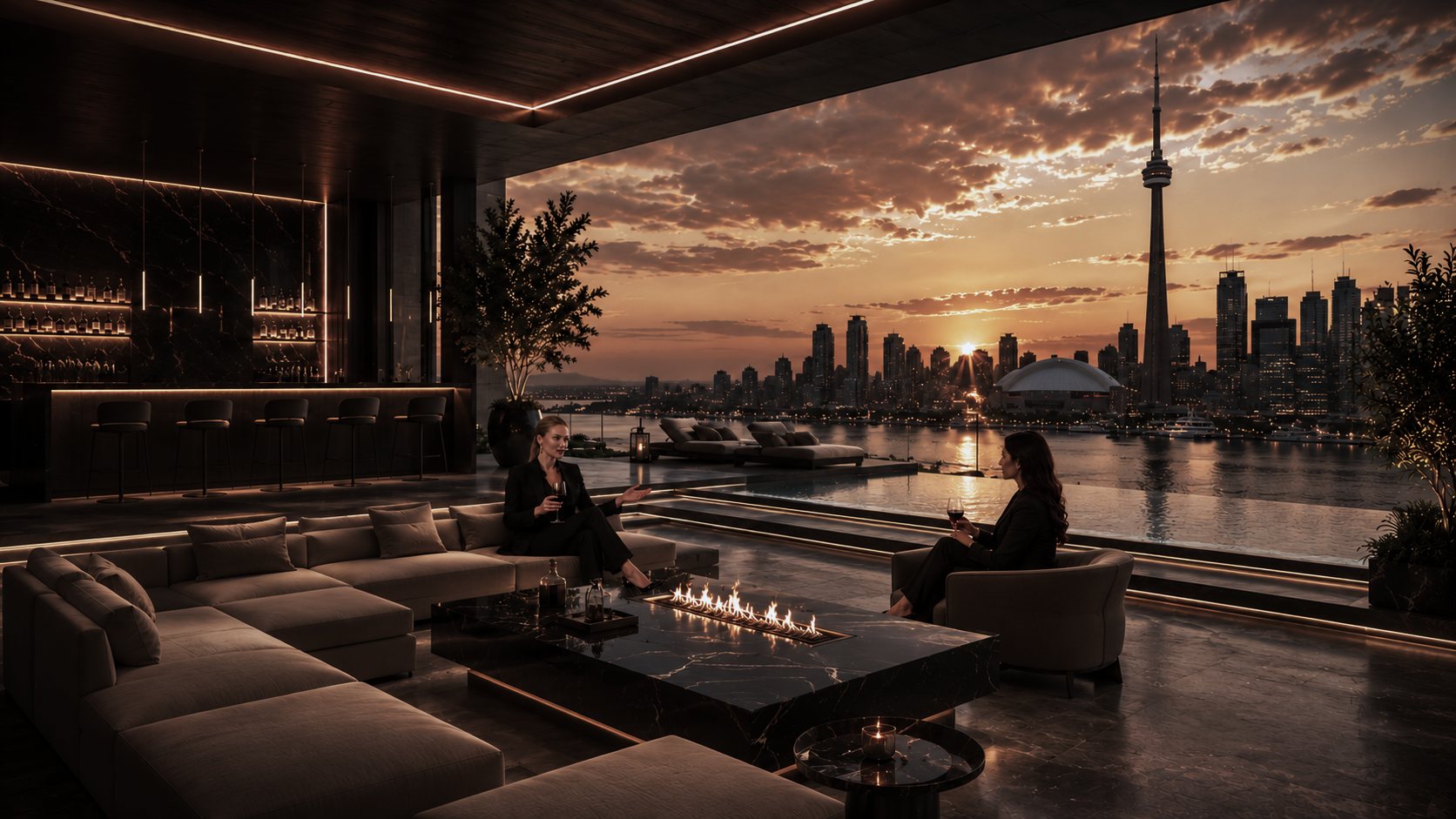 Rooftop lounge overlooking the Toronto skyline at sunset