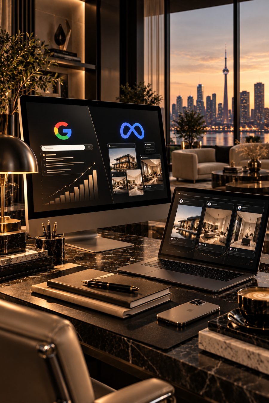 Google and Meta ad campaigns on screen